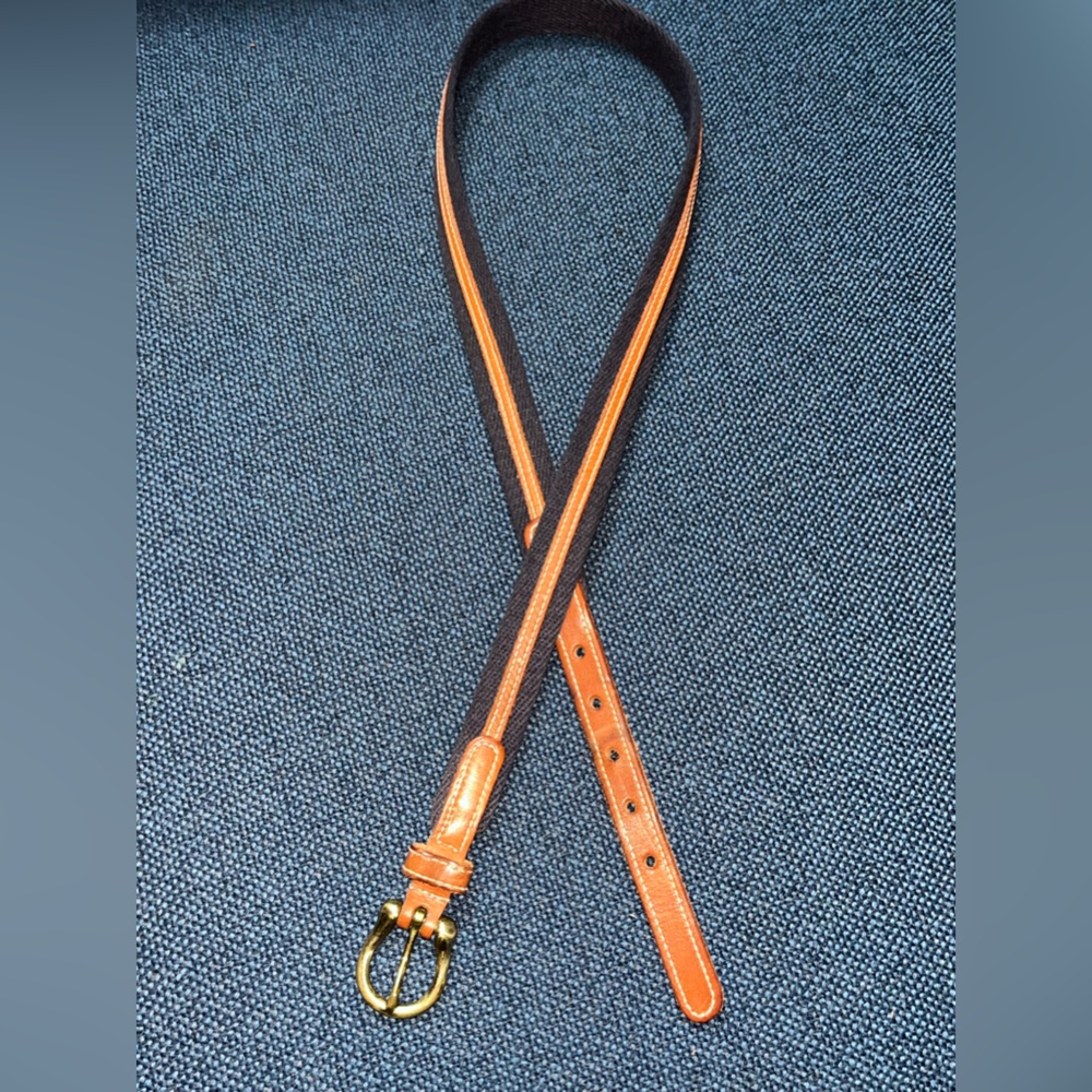 80s Preppy Leather & Navy Cloth brass buckle Belt size 32